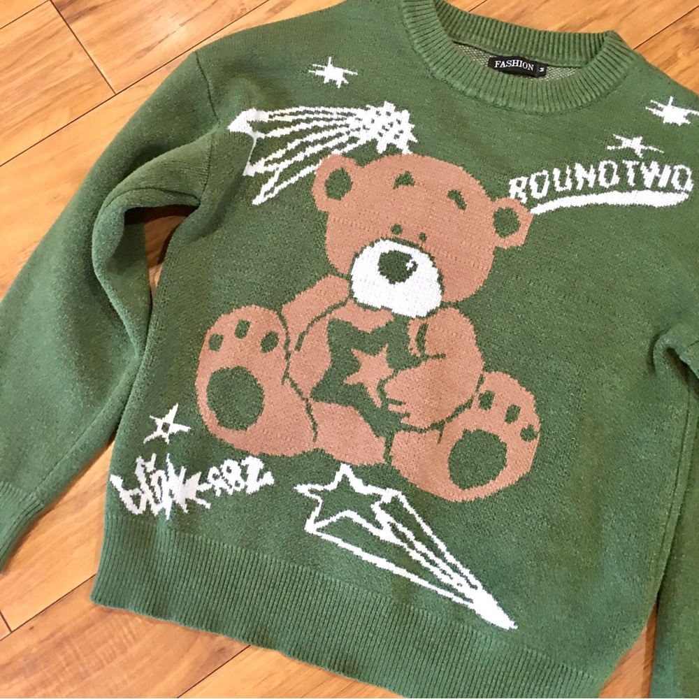 Teddy bear green tan white cable knit sweater thick warm cozy Aelfric Ed…